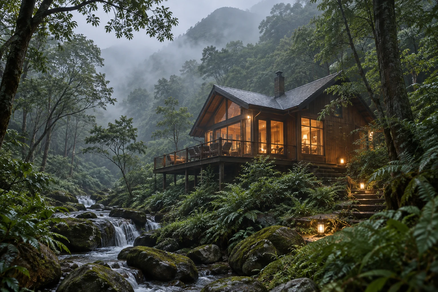 AI 示意：森林環繞的木質度假小屋