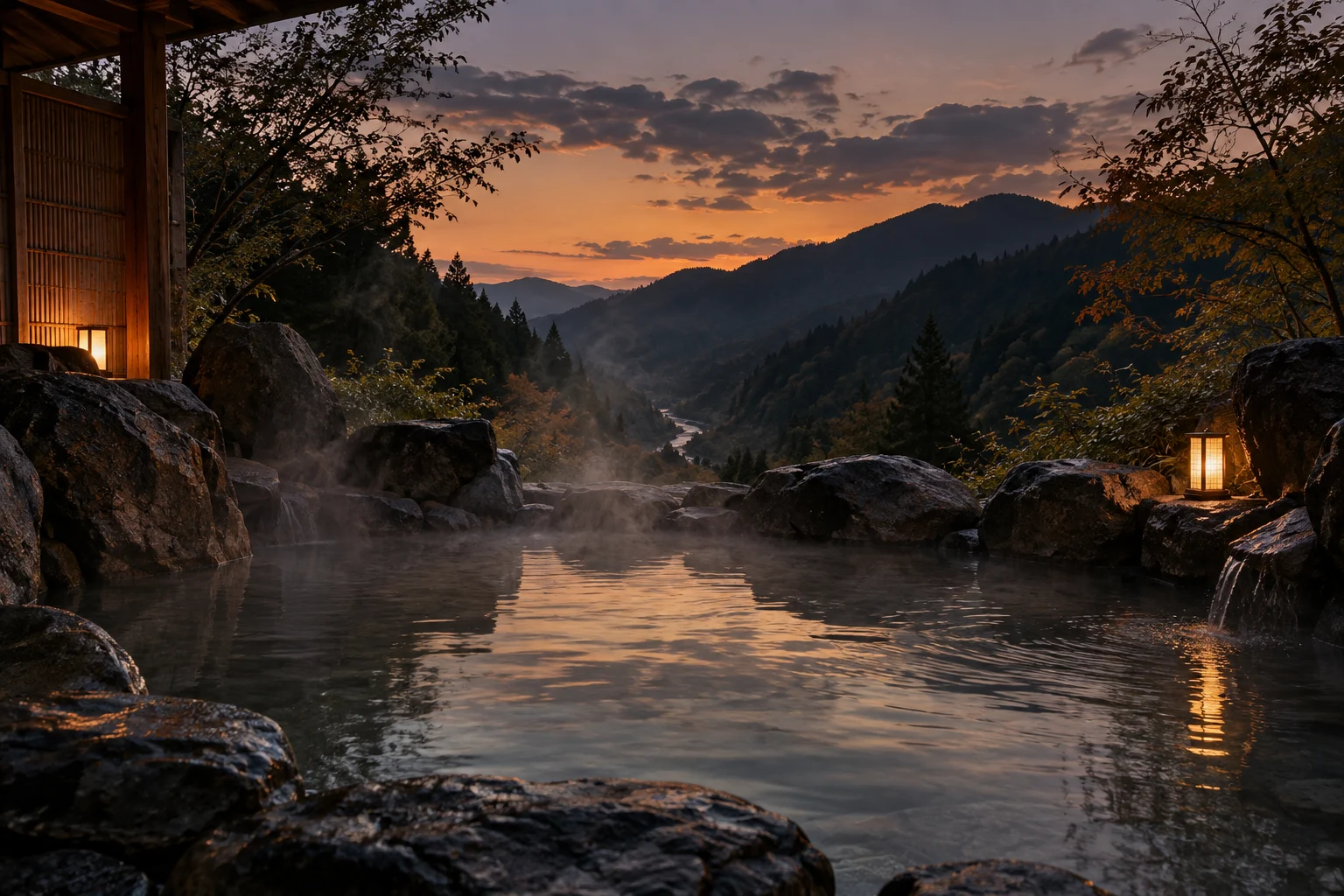 生成画像：夕暮れの山々を望む露天風呂