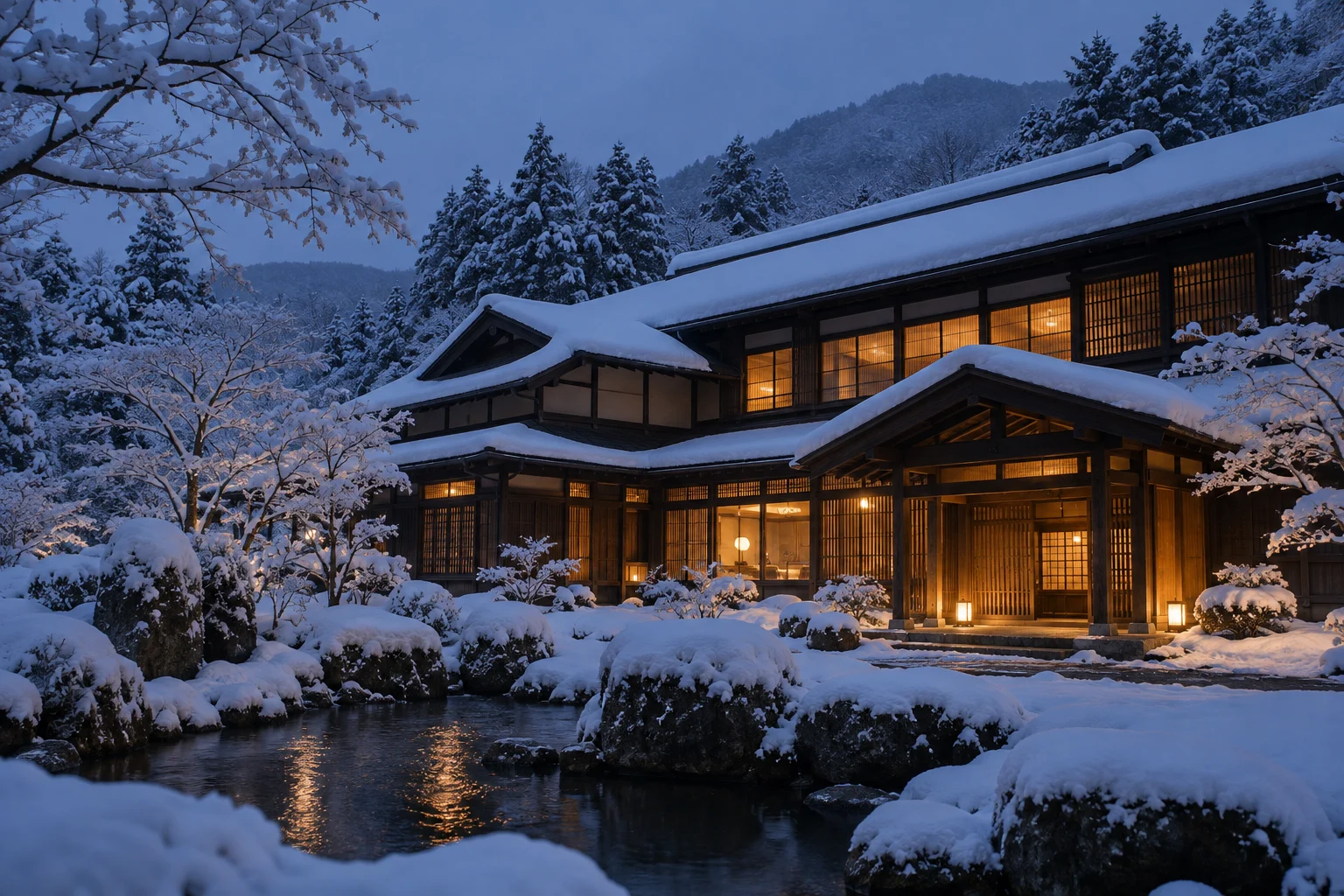 生成画像：雪に包まれた木造旅館と、窓からこぼれる暖かな光